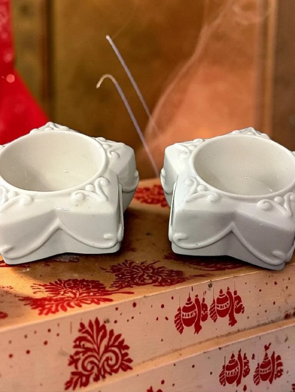 2‎ Lenox Yuletide Glowlite Candle Holders Votive Tea Light Porcelain Star Shaped
